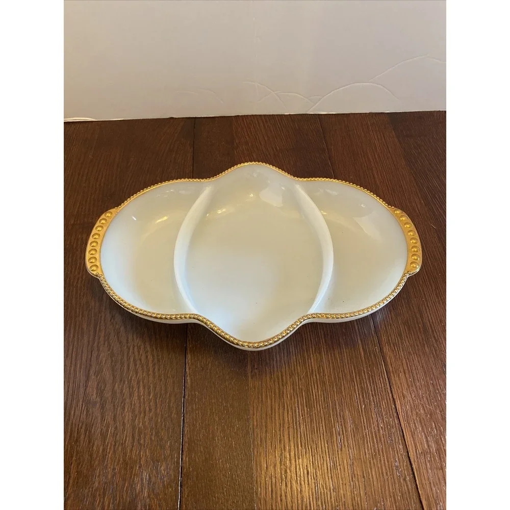 Vintage Fire King 3‎ Section Milk Glass Divided Serving Dish Bowl Gold Trim Bead